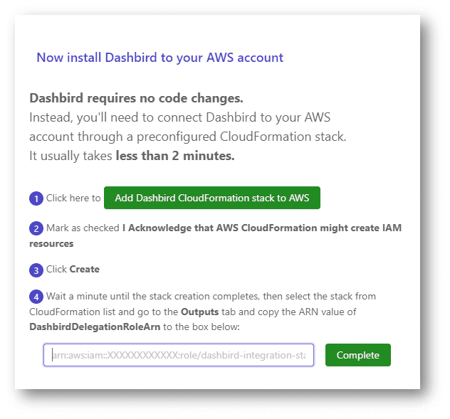 Dashbird automatically monitoring your whole serverless stack and CloudWatch Log groups for Lambda logs, and stitches your whole serverless stack together on the Dashbird app.