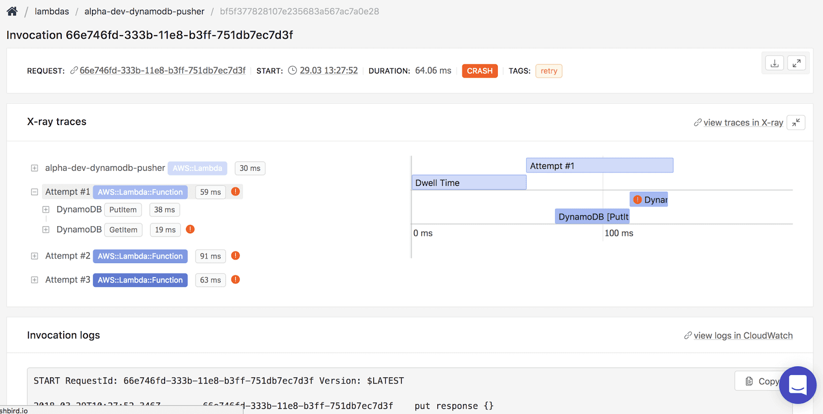 Dashbird also integrates with AWS X-Ray, so that Lambda functions logs can be analyzed in connection with application traces and errors in a single interface.