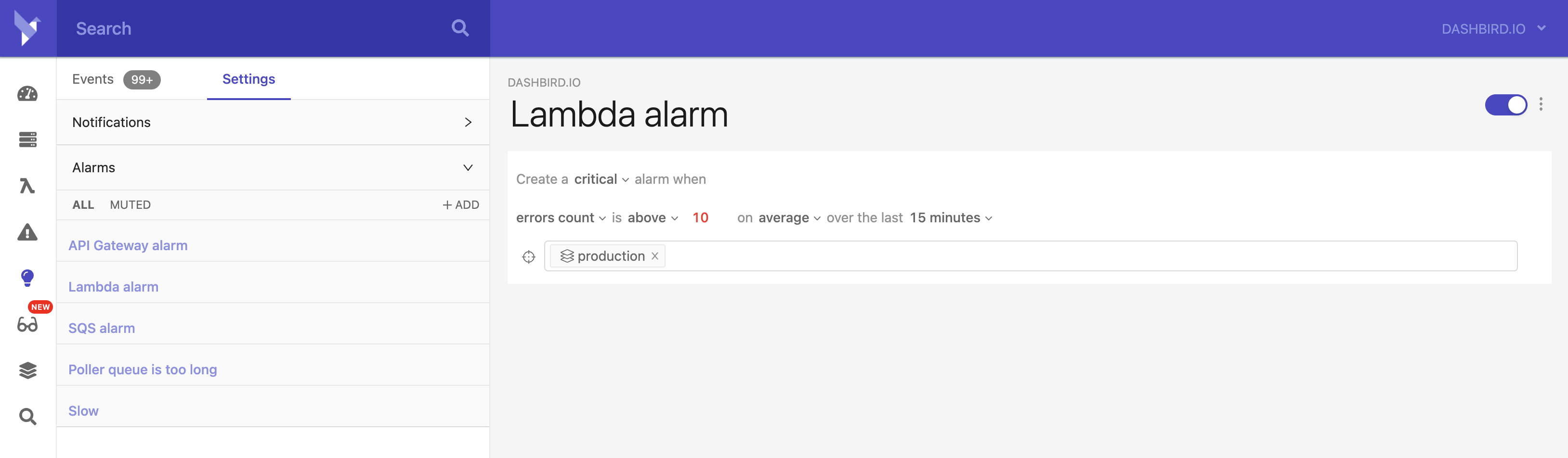 setting up lambda alarm