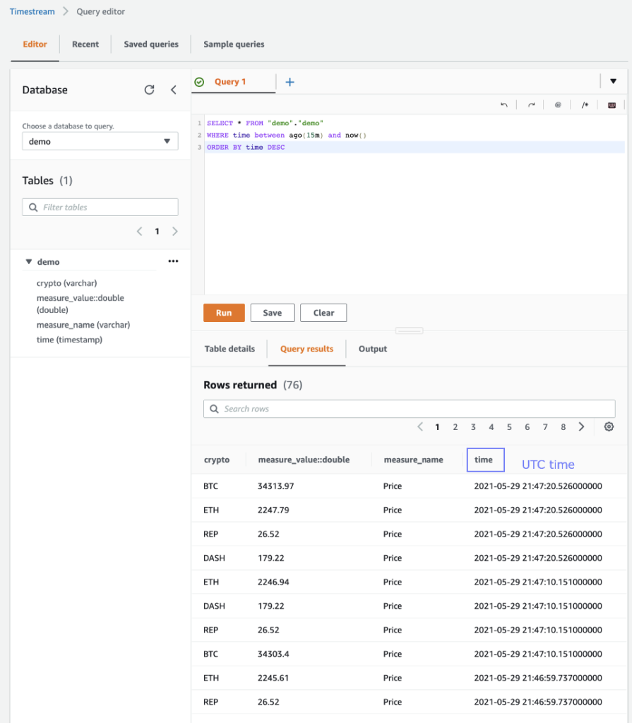 AWS Timestream: exploring the results in the query console 