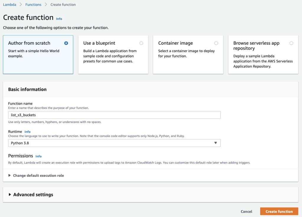 Creating a function in AWS Lambda