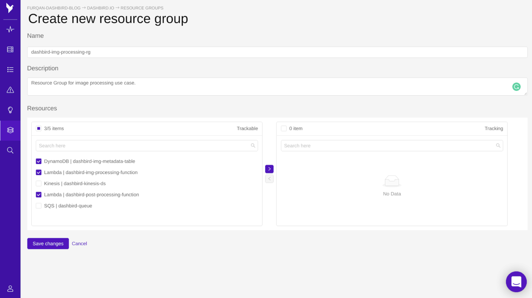 creating dashbird resource groups