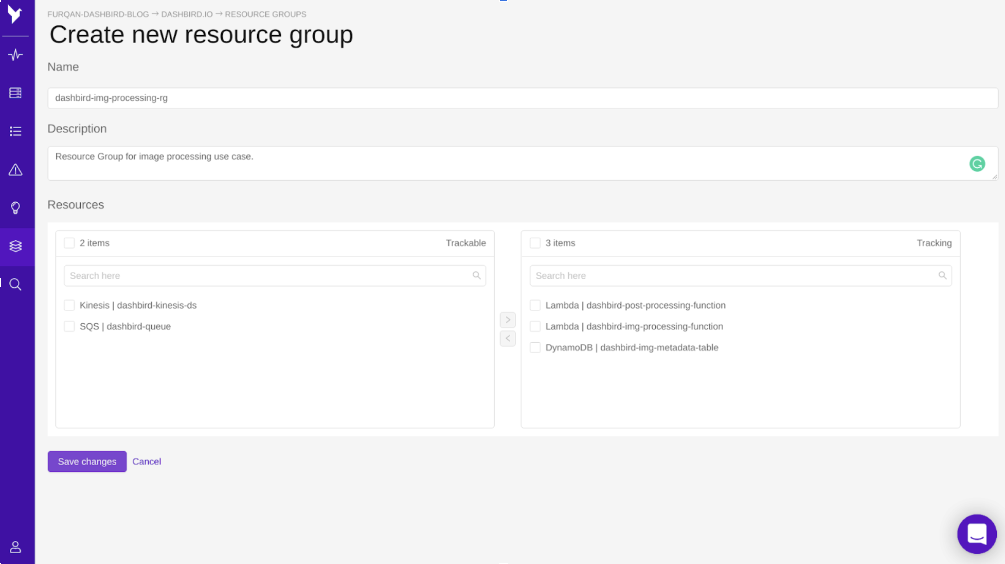 create new resource groups dashbird